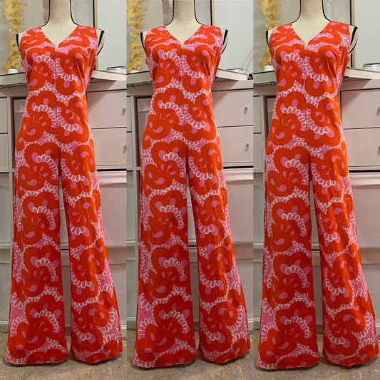 60s-70s Abstract Floral Jumpsuit (M, 34” waist)
