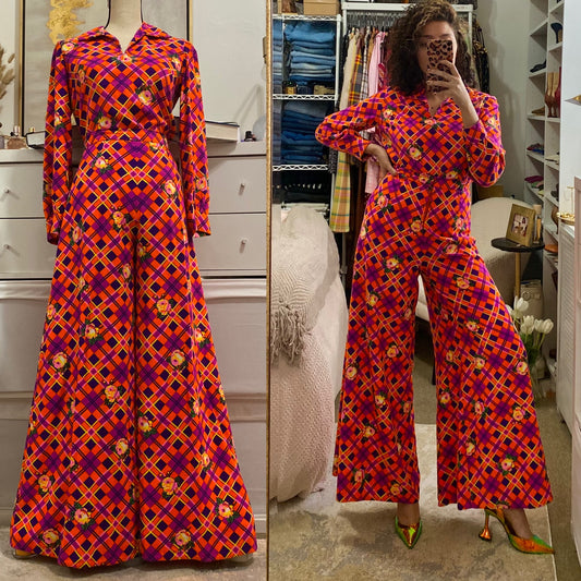 60s-70s psychedelic floral 2PC palazzo pant set (S,26”waist)