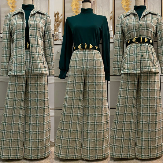 70s Plaid  2-Piece Leisure Pant Set (L-XL, 32”-40” waist)
