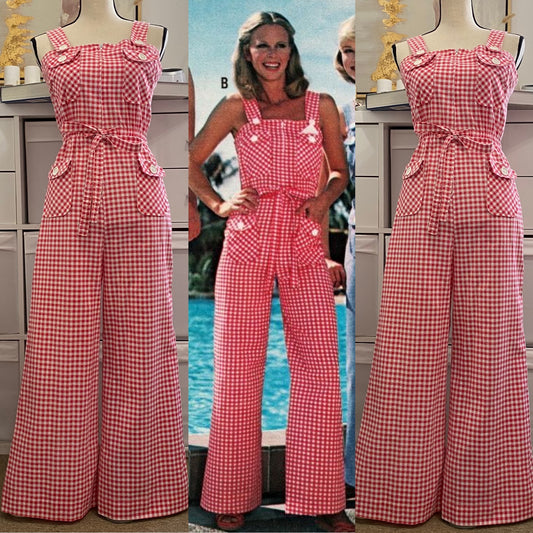 70s Gingham Wide Leg Jumpsuit (XS-M, 25"-29" Waist)