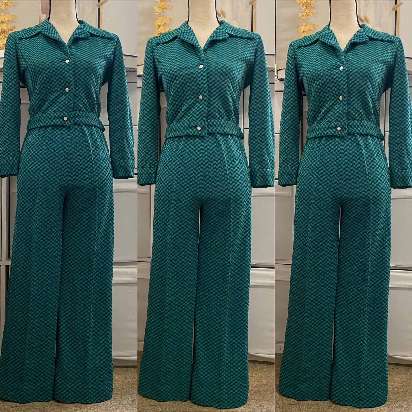 60s-70s Houndstooth 2PC Pantsuit W/ Cropped Jacket Petite (XXS-Small, 20"-30" Waist)