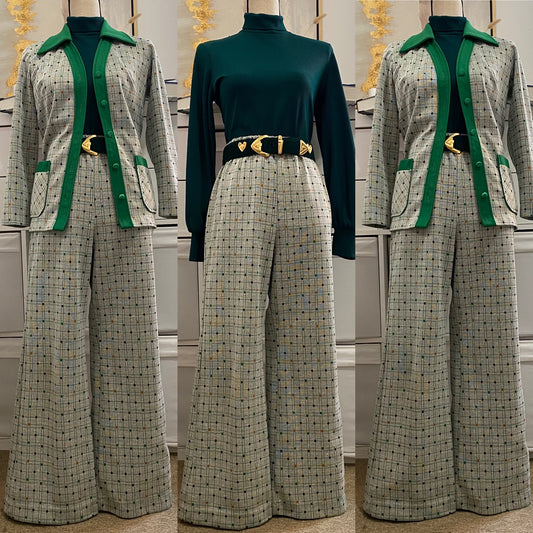 70s Polka & Grid 2PC Pant, Leisure Set (M, 25'-33" Waist)
