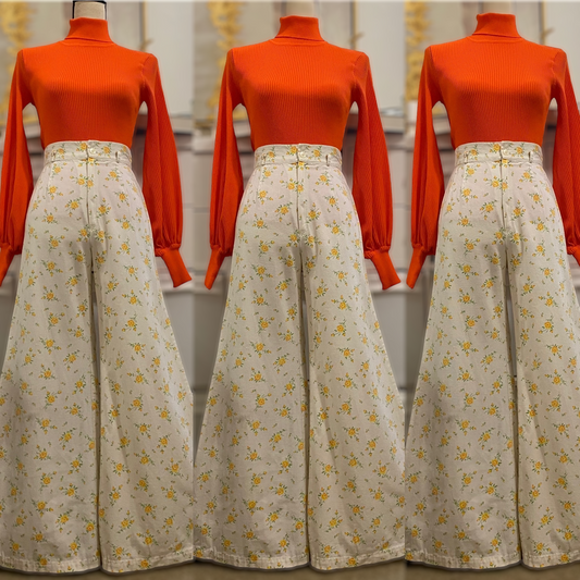 60s-70s Floral, Cotton Bell Bottom Pants (XS-S, 25”- 26” waist)