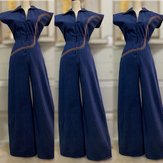 70s Denim, Rainbow Stitching, Zipper Front Jumpsuit (XS-SM, 22”-27” waist)