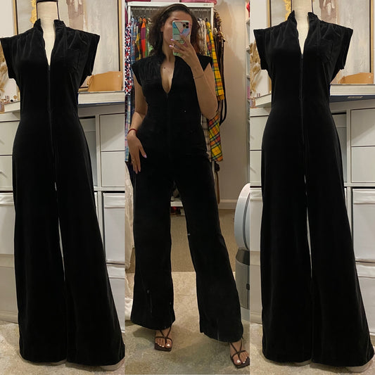 60s-70s Black Velvet, Zipper Front & Wide Leg Jumpsuit (M, 29” Waist)