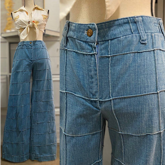 70s Windowpane Denim Blend Midrise Pants (S-M, 27" Waist)