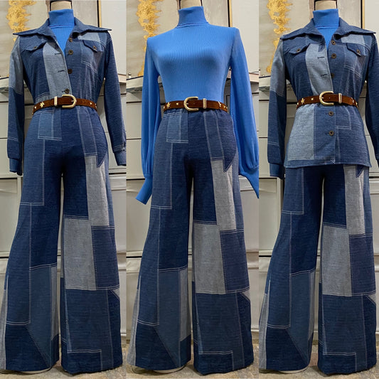 70s Faux Denim Patchwork 2PC Pant Set/Leisure Suit (S-M)