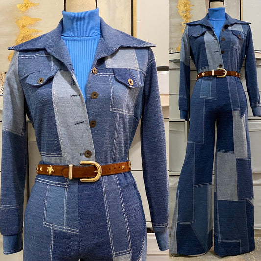 70s Faux Denim Patchwork 2PC Pant Set/Leisure Suit (S-M)
