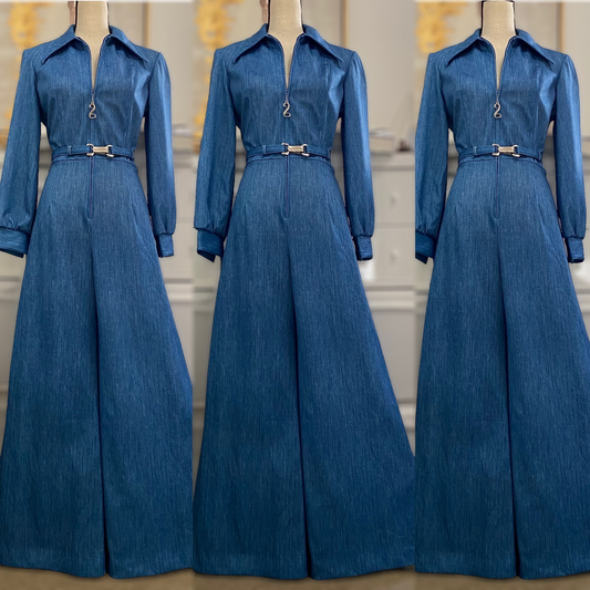70s Faux Denim Bell Bottom Jumpsuit (M, 29” Waist)
