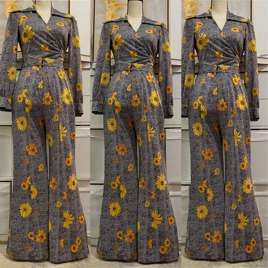70s Sunflower 2PC Pant Set (XS-S) Cropped, Wrap Top & Wide Leg Pants