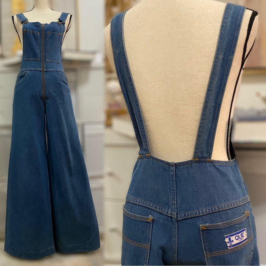 70s Cotton Denim Bell Bottom Flare Overall Jumpsuit (S-M, 28"W)