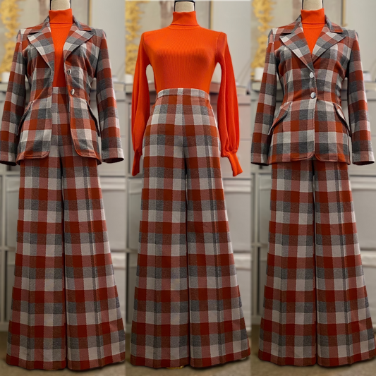 70s Fall Checkered Plaid 2PC Pantsuit (M, 28"-32" Waist)