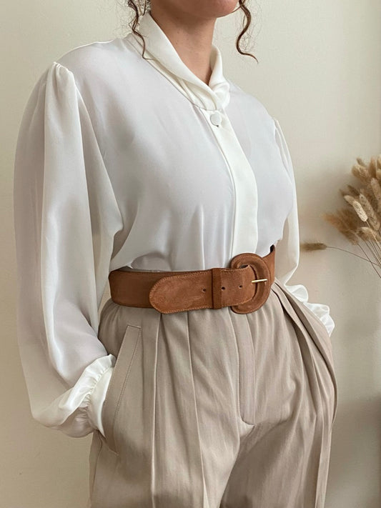 White Long Sleeve Blouse with gathered neckline