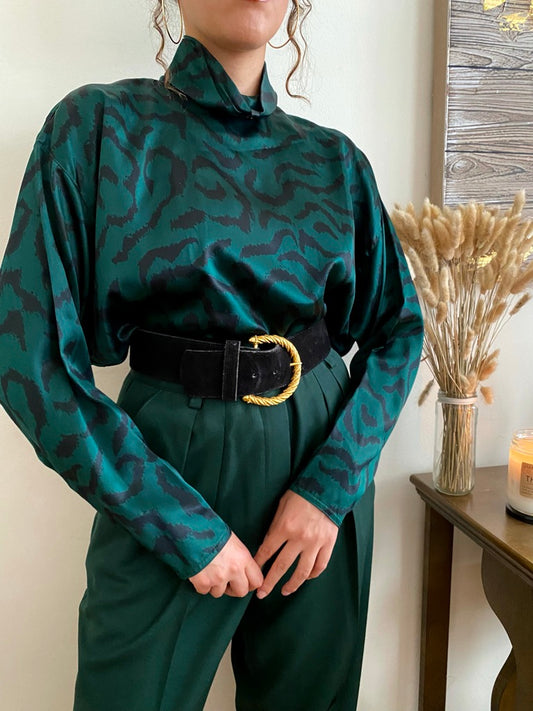 Abstract Print High Collar Long Sleeve Blouse