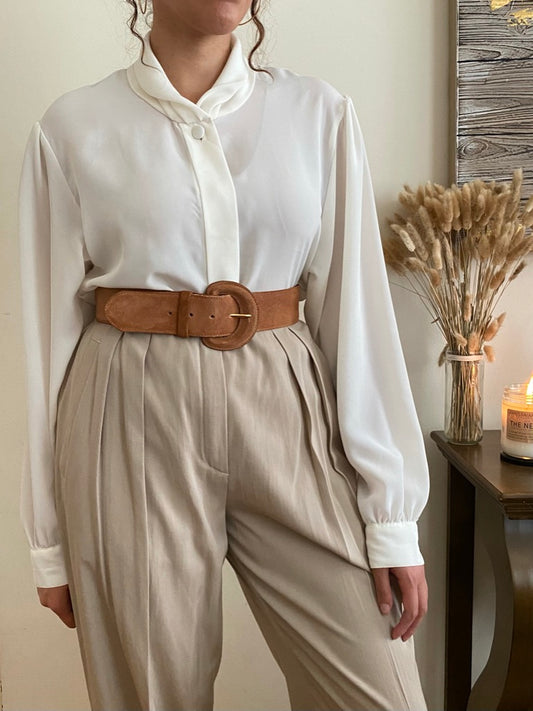 White Long Sleeve Blouse with gathered neckline