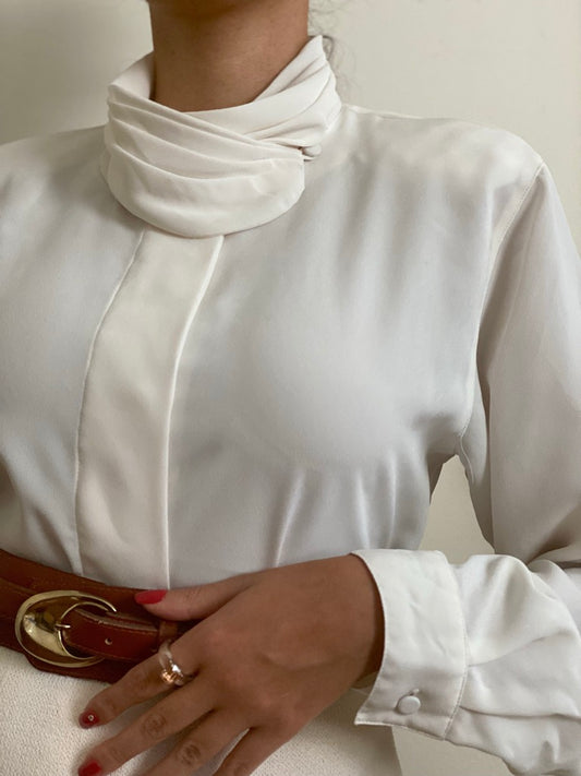 High Mock Neck Button Down Blouse