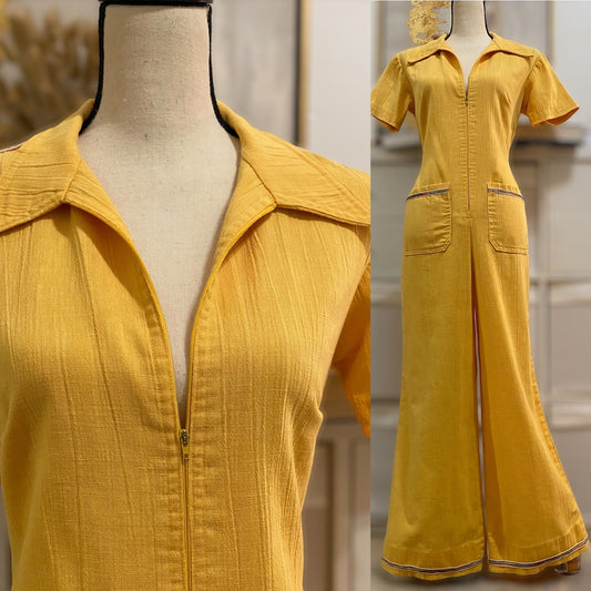 70s Crinkle Cotton Wide Leg Jumpsuit w/ Rainbow Trims (M-L, 36"W)