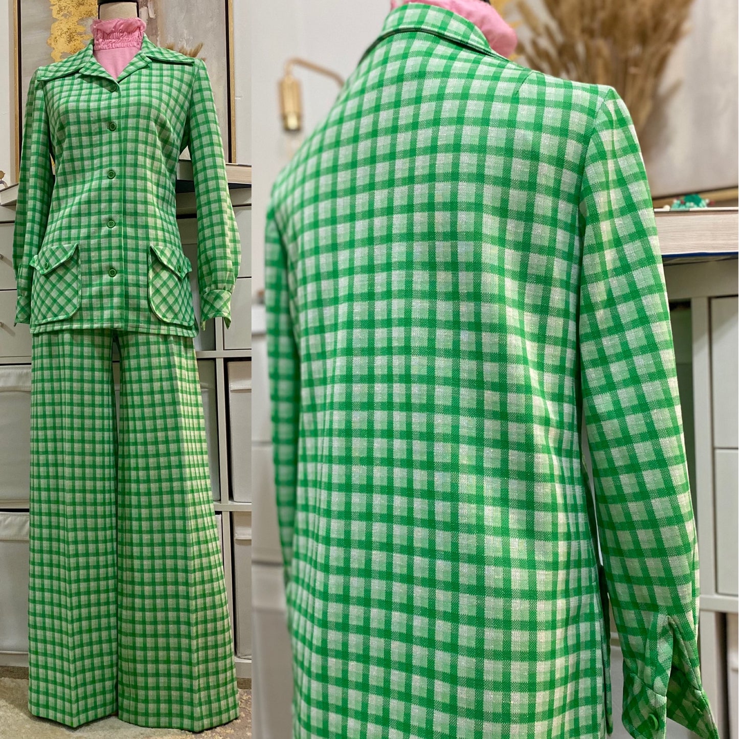 70's Green Plaid 2-Piece Set - Jacket & Bell Bottoms Pantsuit (S-L)