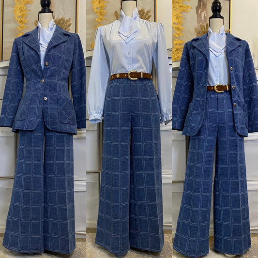 70’s 2-Piece Denim Look Set - Blazer & High Rise Wide Flare Bottoms (M)