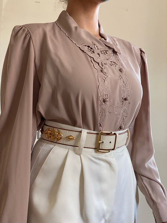 80's does 40's Floral Embroidered Button Down Blouse (S-M)