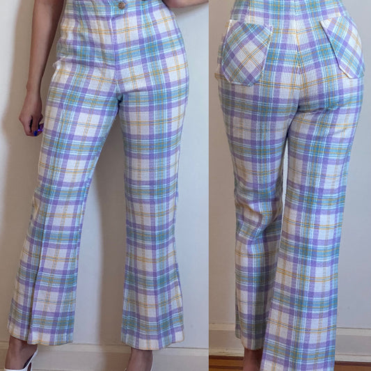 70's Pastel Plaid High Rise Flared Trousers (M)