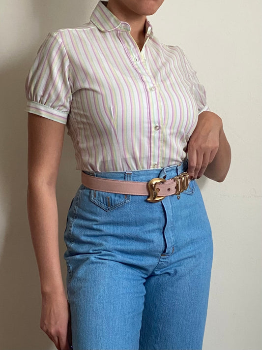 70's Striped Mini Puff Sleeve Top (XS)