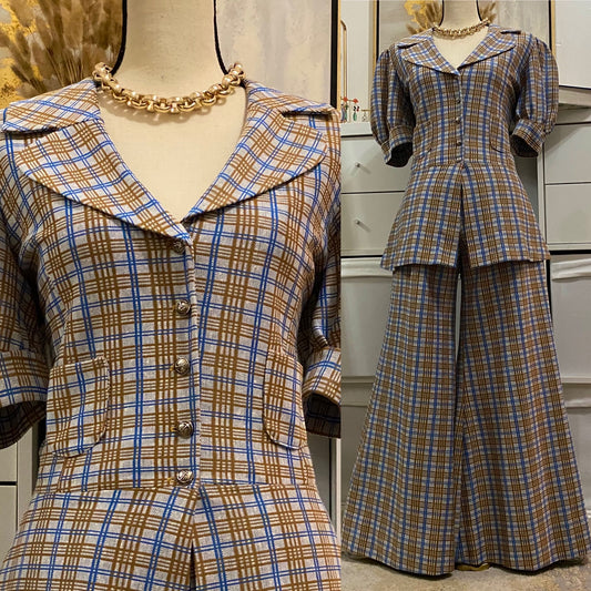 70's does 40's Plaid 2pc Bell Bottom Pantsuit (M-L, 27"-34"W)