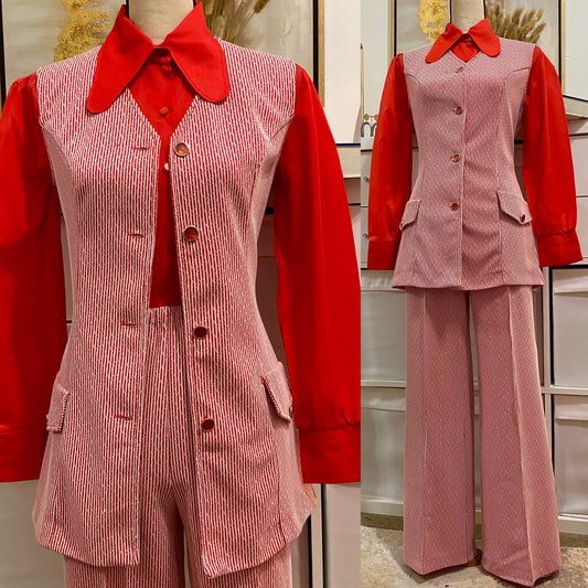 70's Micro Striped Pantsuit - Sleeveles Vest & High-Rise Wide Leg (M-L)