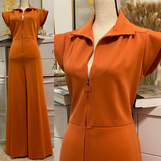 70's Rusty Orange Bell Bottom Jumpsuit W/ O-Ring (L)