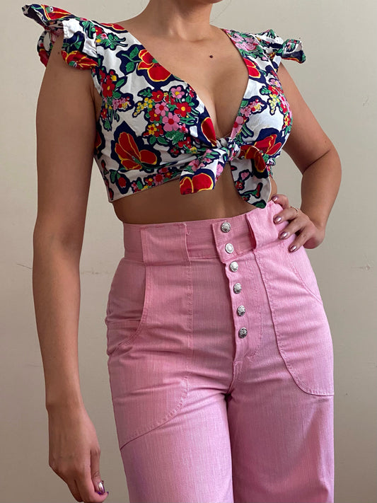 70s Floral Ruffle Tie Front Crop Top (OS)