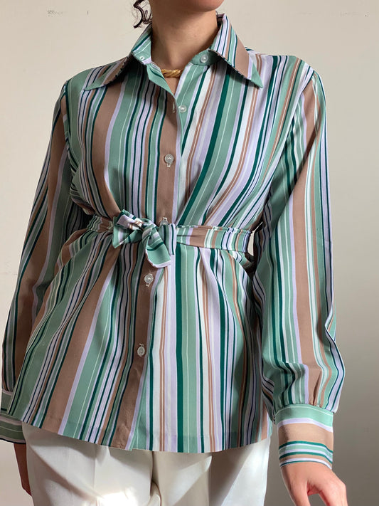 70's Striped Long Sleeve Button Up Blouse (M)