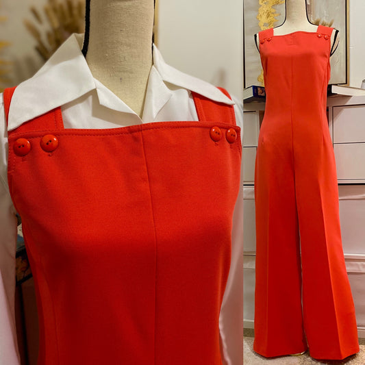 70s coral overall style bell bottom jumpsuit (XL)