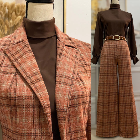 70s Brown Plaid 2PC Wide Leg Pantsuit (M, 30"-32"W)