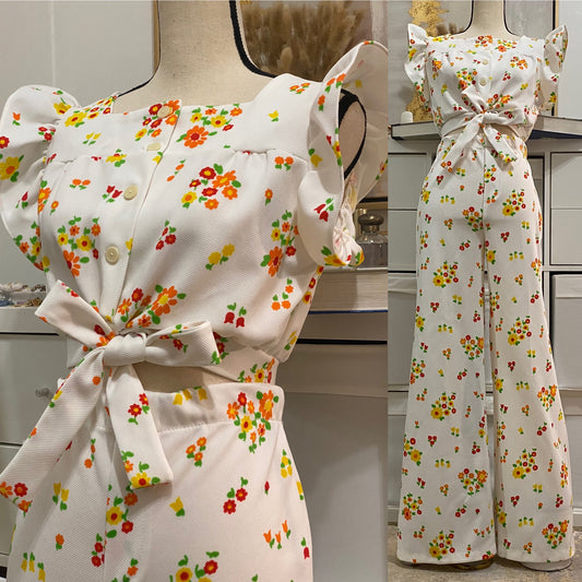 70s Floral 2pc Pant Set - Crop Top & Wide Leg Pants (M, 29”-31”W)