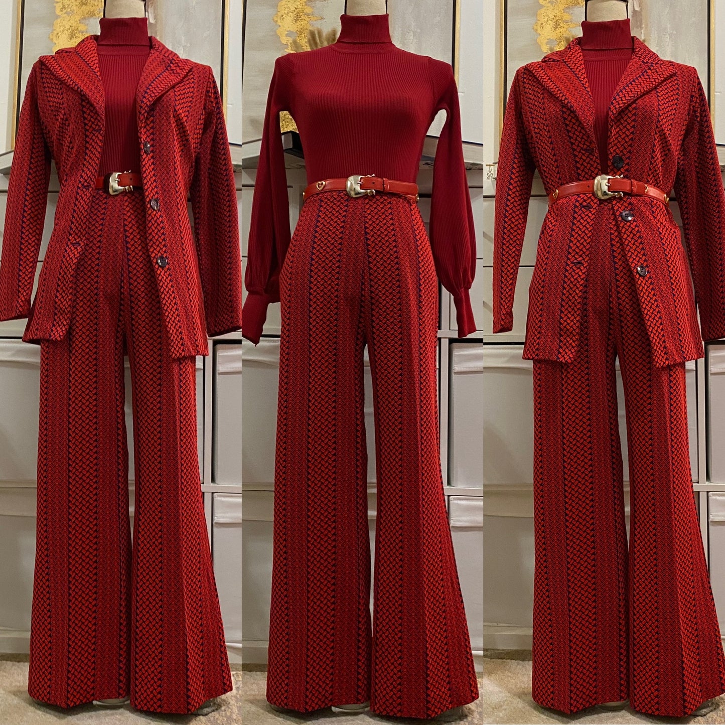 60's-70's Abstract, Rich Red 2Pc Pantsuit (L, 30"-34"W)