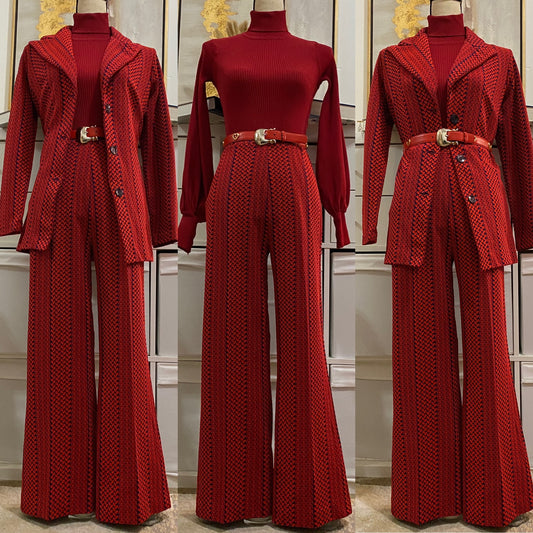 60's-70's Abstract, Rich Red 2Pc Pantsuit (L, 30"-34"W)