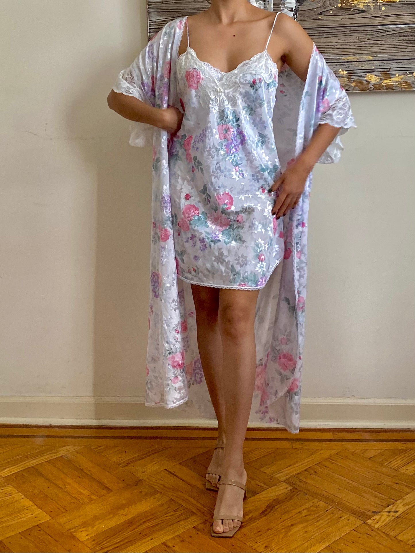 80's Floral Full Length Robe & Slip Set (M)