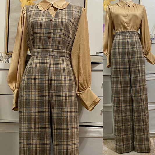 70's-80's Neutral Plaid 2PC Vest Pantsuit (M-L, 30"W)