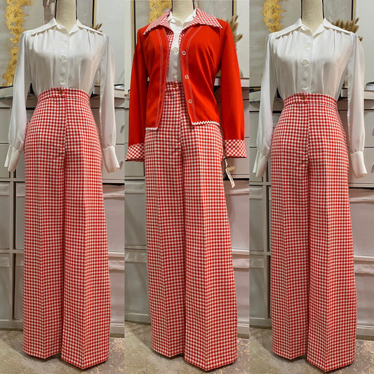 70's Deadstock Gingham Checkered Wide Leg  2pc Pantsuit (S-M)