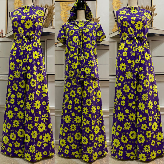 60's - 70's Cotton Floral Wide Leg 2pc Hooded Jumpsuit (XS-M)