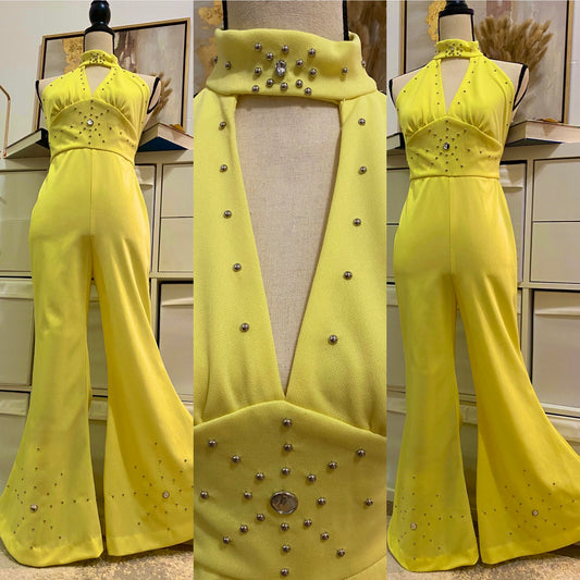 70’s Yellow Studded Bell Bottom Catsuit/Jumpsuit (M)