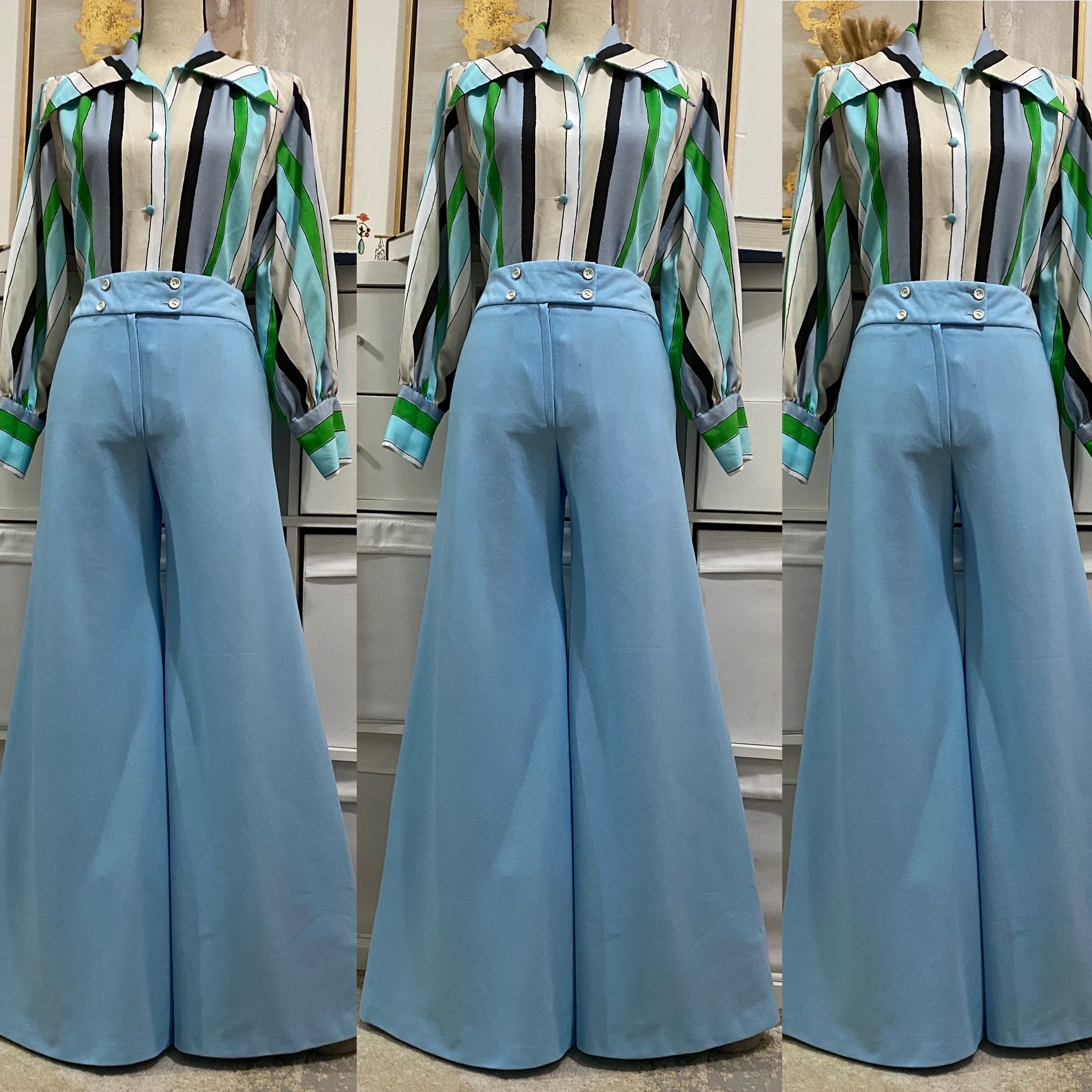 70's Mid-High Rise Light Blue Bell Bottom Flare Pants (S-M, 28