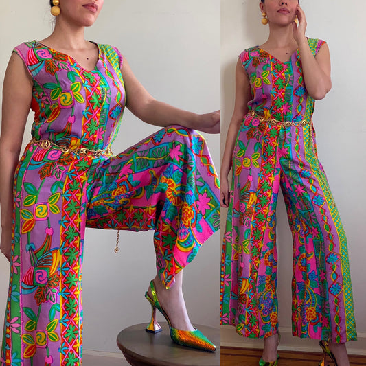 60’s-70’s Rainbow Floral/Geometric Wide Leg Jumpsuit (S)