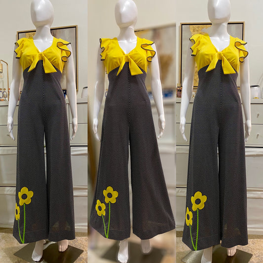 70s Floral Polka Dot Bell Bottom Ruffles Jumpsuit (XS-S)