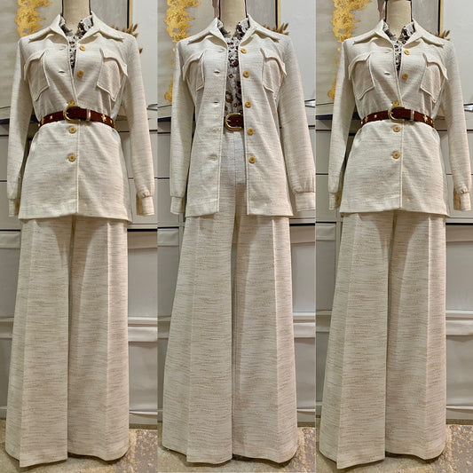 70’s Cream & Brown 2pc Pantsuit; Jacket Shirt & Wide Leg Bottoms (L)