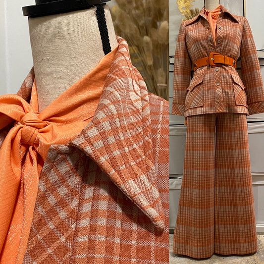 70s 2PC Plaid Leisure/Pantsuit - Wide Leg & Jacket Shirt (S, 26"-29"W)