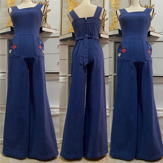 70's crinkle Cotton Wide Leg Flare Jumpsuit W/ Floral Patches (XS-S)