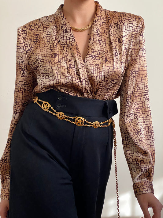 80's Golden Brown Abstract Draped Blouse (M)