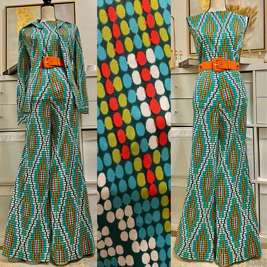 70's 3-Piece Pixel Set (Blouse Jacket, Sleeveless Top, & High Rise Flared Bottoms) (L-XL)