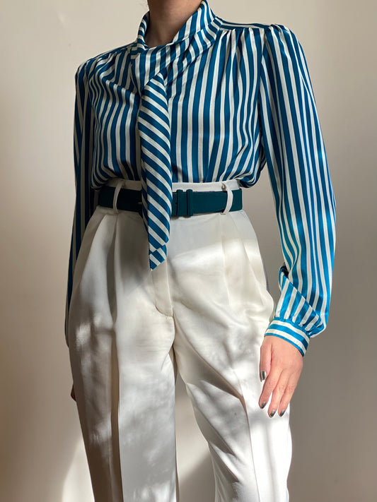70's Striped Tie Collar Long Sleeve Blouse (M)
